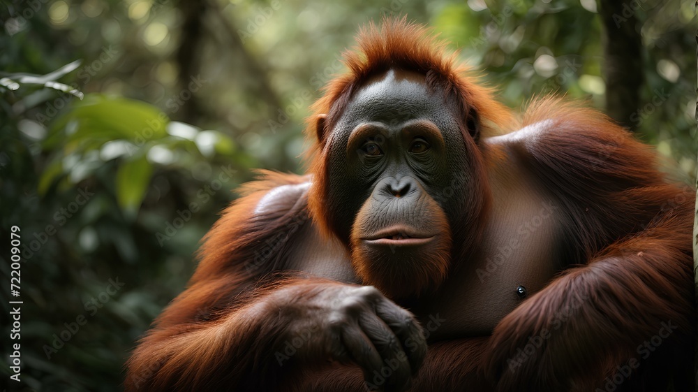 Close-up high-resolution image of an adult orangutan in Borneo rainforest. Close-up high-resolution image of an adult orangutan in Borneo rainforest.