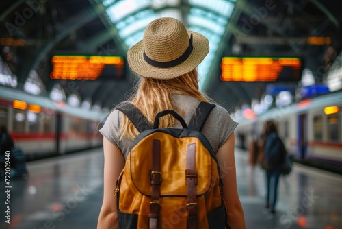 A stylish woman patiently waits for her train, donning a sun hat and backpack as she effortlessly blends outdoor and indoor fashion on the bustling street
