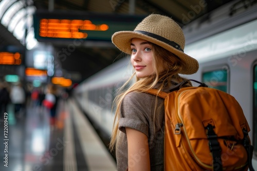 A stylish woman confidently waits for her train on the busy subway platform, donning a chic sun hat and trendy backpack, showcasing her impeccable street fashion sense