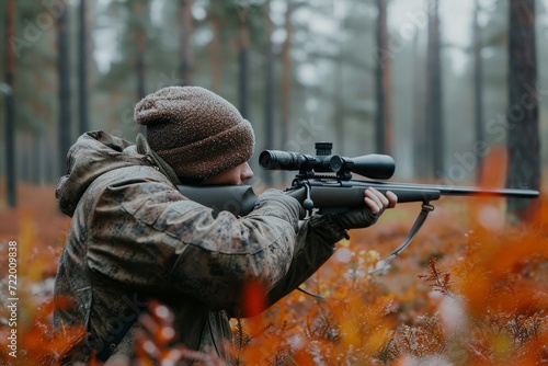 A soldier dressed in military camouflage aims their rifle through the trees, ready for combat in the tranquil outdoor setting