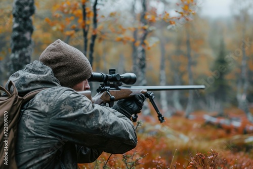 A camouflaged man takes aim with his powerful rifle in the dense forest, his intense focus and steady trigger finger betraying his intent to use the weapon for hunting or warfare