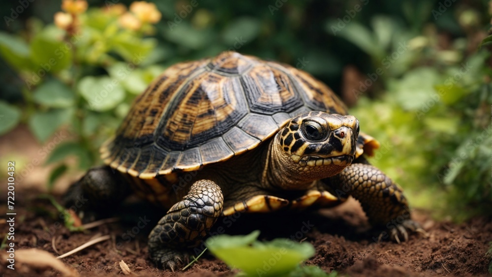 Close-up high-resolution image of a small tortoise in a tropical garden. Close-up high-resolution image of a small tortoise in a tropical garden.