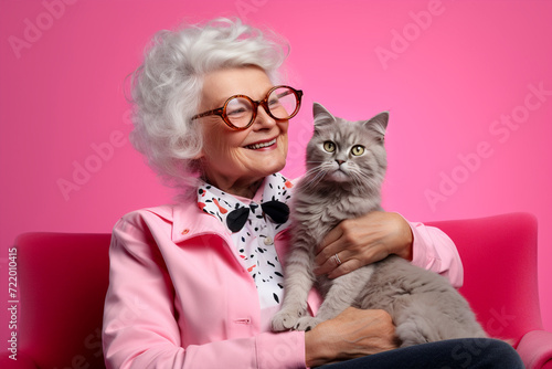 portrait of senior cheerful old woman sitting and hugging her cat isolated on pink background, Generated AI	
 photo