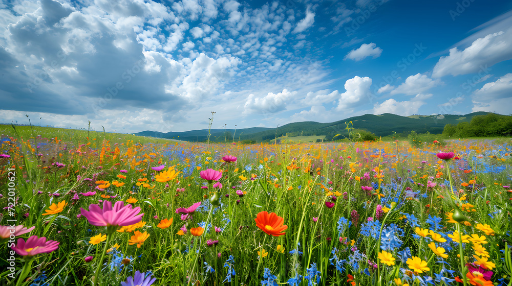 A colorful carpet of wildflowers blankets a meadow, set against a backdrop of rolling hills and a dynamic sky dotted with fluffy clouds