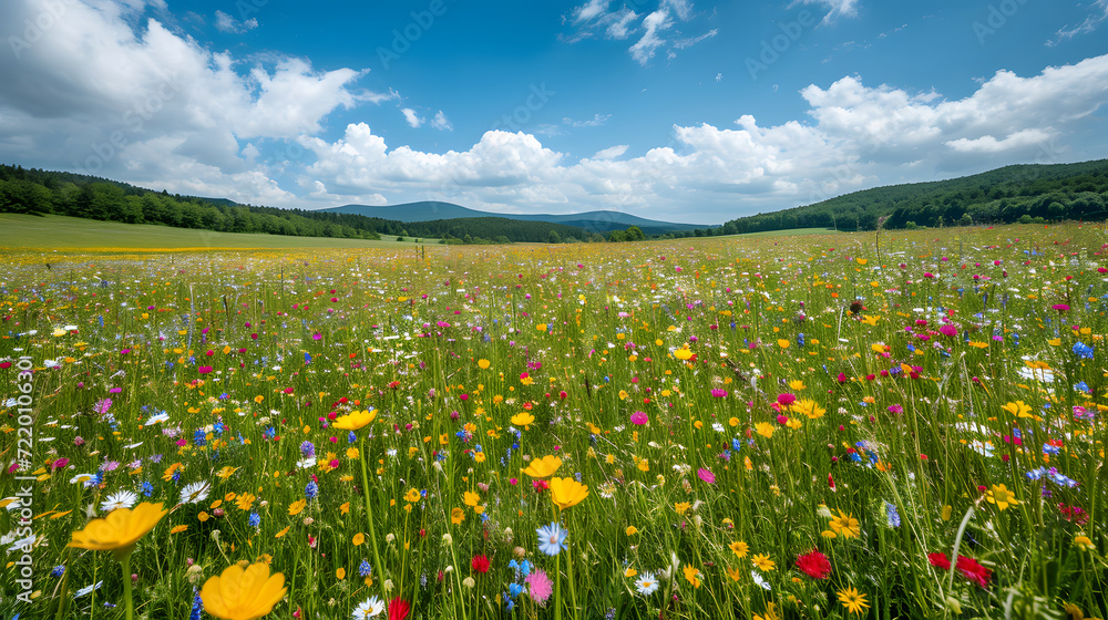 A colorful wildflower meadow stretches towards the horizon under a bright blue sky with fluffy white clouds on a sunny day
