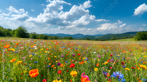 Fototapeta Naklejka Na Ścianę i Meble -  A vibrant and colorful wildflower meadow stretches towards rolling hills under a bright blue sky dotted with white clouds, capturing the essence of spring