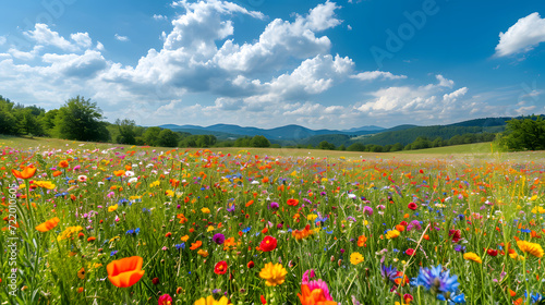 A vibrant and colorful wildflower meadow stretches towards rolling hills under a bright blue sky dotted with white clouds  capturing the essence of spring