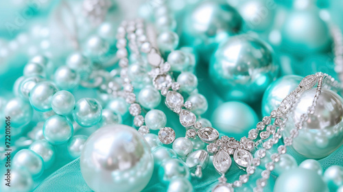 Luxurious pearls and diamonds on turquoise fabric