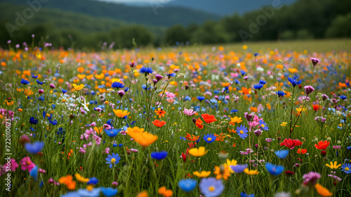 A colorful array of wildflowers blankets a meadow, creating a picturesque natural tapestry against a backdrop of distant trees and overcast skies © Jorgarsan