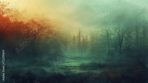 Mystical forest in fog with warm and cool tones 