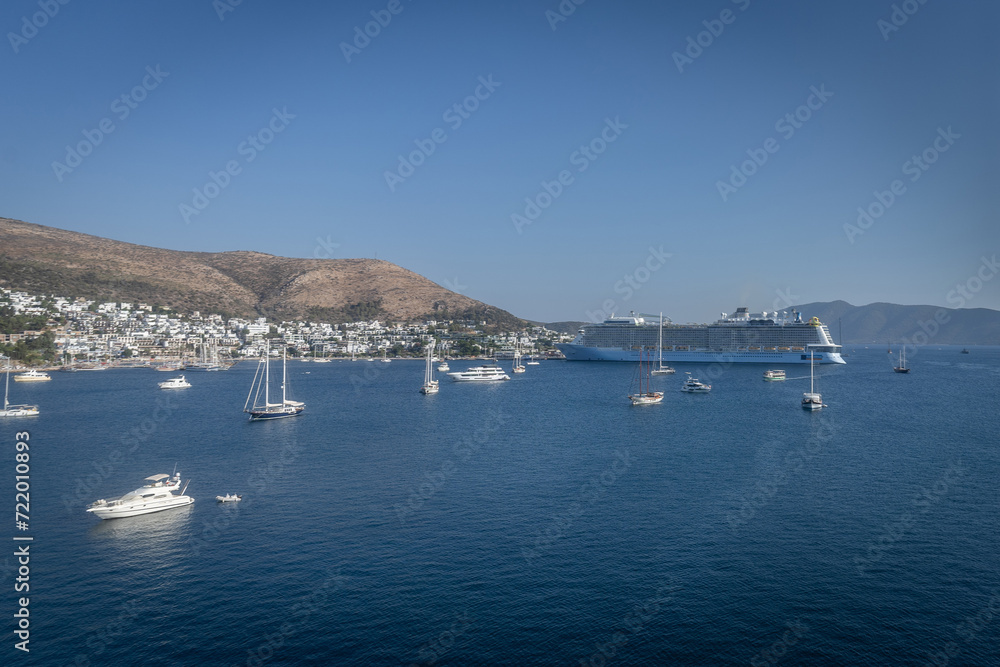 Weekend in Bodrum, Aerial view of the harbor with many different yachts from St. Peter's Castle