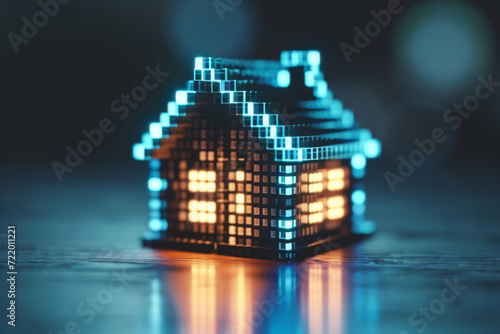 Abstract glowing house chip hologram on dark background. 