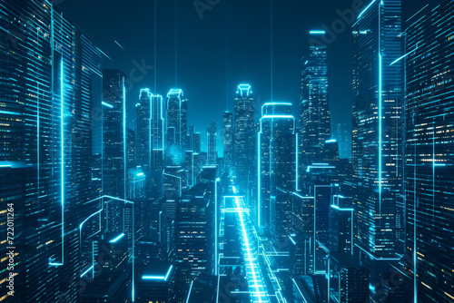 Energy power of future big city concept neon cyber light skyscraper building of business area architecture simulation technology digital fly over view blue theme.