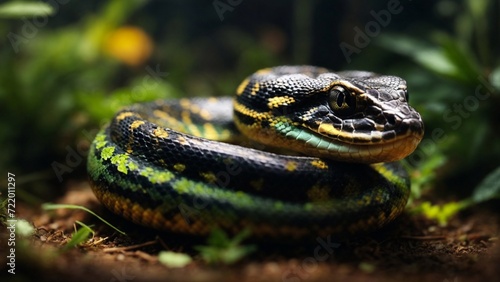 Close-up high-resolution image of a baby python snake in a tropical terrarium. photo