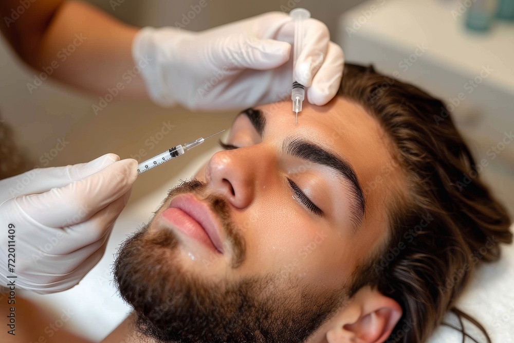 A man undergoes a transformative facial injection indoors, his face a canvas for rejuvenation as a razor rests against the wall and his hair awaits its new style A man undergoes a transformative facial injection indoors, his face a canvas for rejuvenation as a razor rests against the wall and his hair awaits its new style