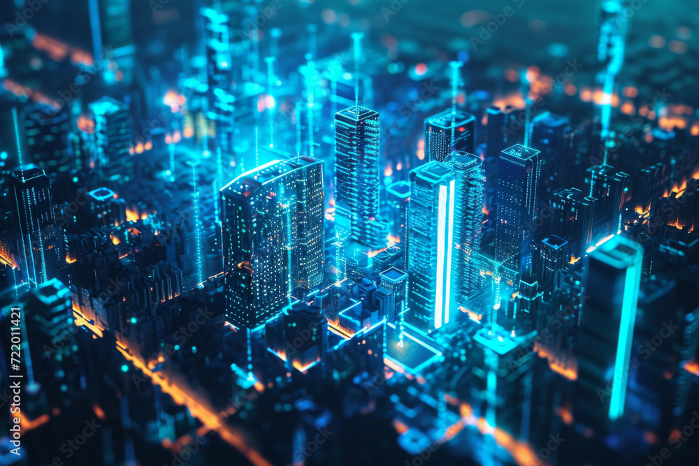 Energy power of future big city concept neon cyber light skyscraper building of business area architecture simulation technology digital fly over view blue theme. Energy power of future big city concept neon cyber light skyscraper building of business area architecture simulation technology digital fly over view blue theme.