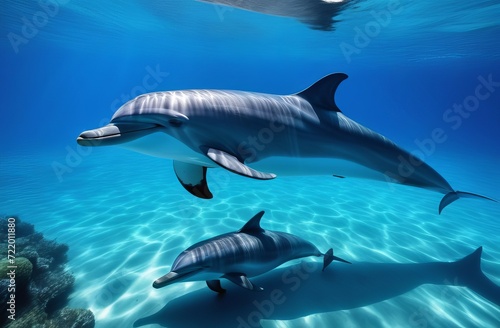 Dolphins swimming under the blue sea