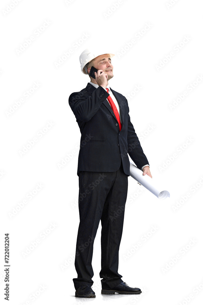 Foreman, on a white background, full-length, with a drawing and a phone Foreman, on a white background, full-length, with a drawing and a phone
