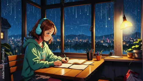 A lofi gril studying in the study room, Rain Lofi Loop video