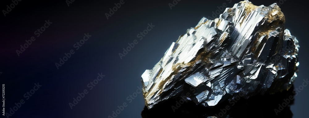 Antimony is a rare precious natural stone on a black background. AI generated. Header banner mockup with space.