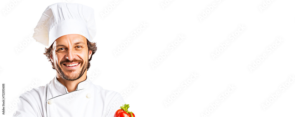 Smiling male professional chef in service uniform, white background isolate.