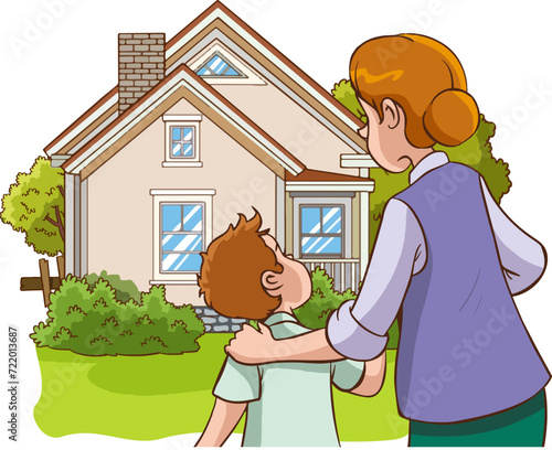 Mother and son in front of their new house. Vector illustration.