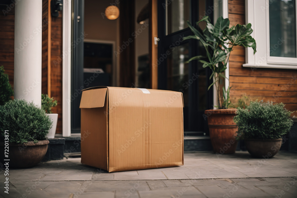Online shopping delivery service concept. Cardboard parcel box delivered to the front door. Package near front door Online shopping delivery service concept. Cardboard parcel box delivered to the front door. Package near front door