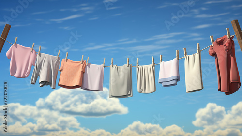 clothes on a clothesline hanging out to dry on a blue sky background; 3d rendered style