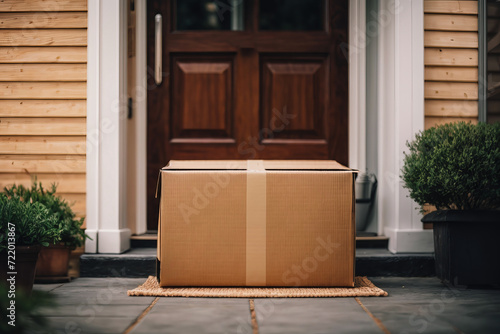 Online shopping delivery service concept. Cardboard parcel box delivered to the front door. Package near front door