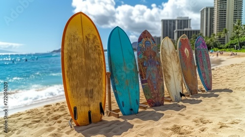 Colorful surfboards lined up on the sandy beach with the ocean in the background
