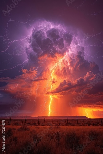 Huge purple orange storm clouds with lightning bolts over desert landscape photo