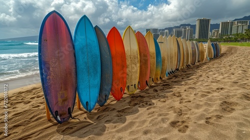 colorful surfboards lined up on beach with Honolulu skyline in distance