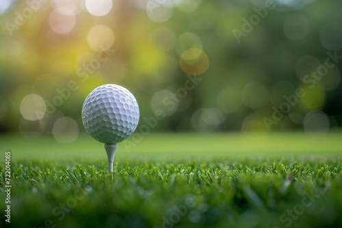 Close-up golf ball on tee with blur green bokeh background. 