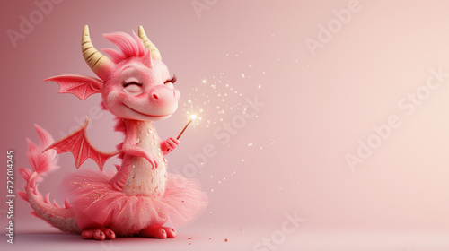A whimsical cartoon dragon embraces enchantment, donning a charming pink tutu skirt and wielding a magic wand, radiating a delightful and fantastical aura in a playful photo.
