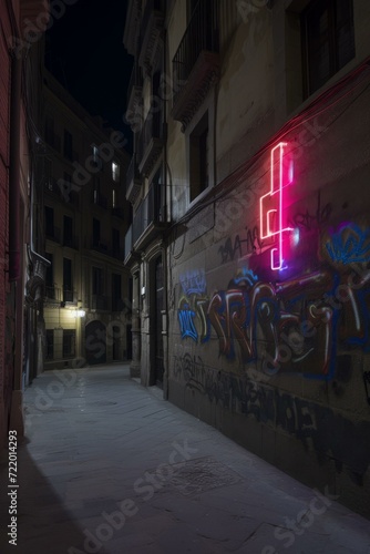 Glowing pink neon cross in dark alley at night