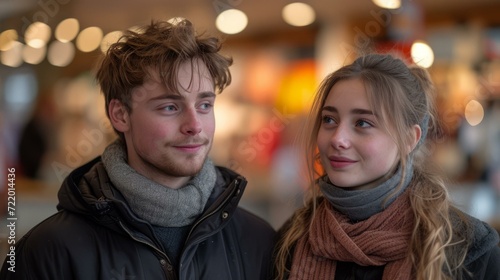 A young man and woman are standing close to each other and smiling at each other. photo