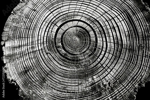 Black and white concentric circles of a cut tree trunk