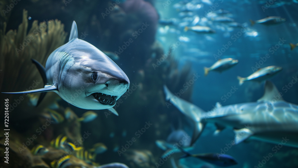 Fototapeta premium Oceanic Spectacle: Captivating View of a Shark in an Aquarium