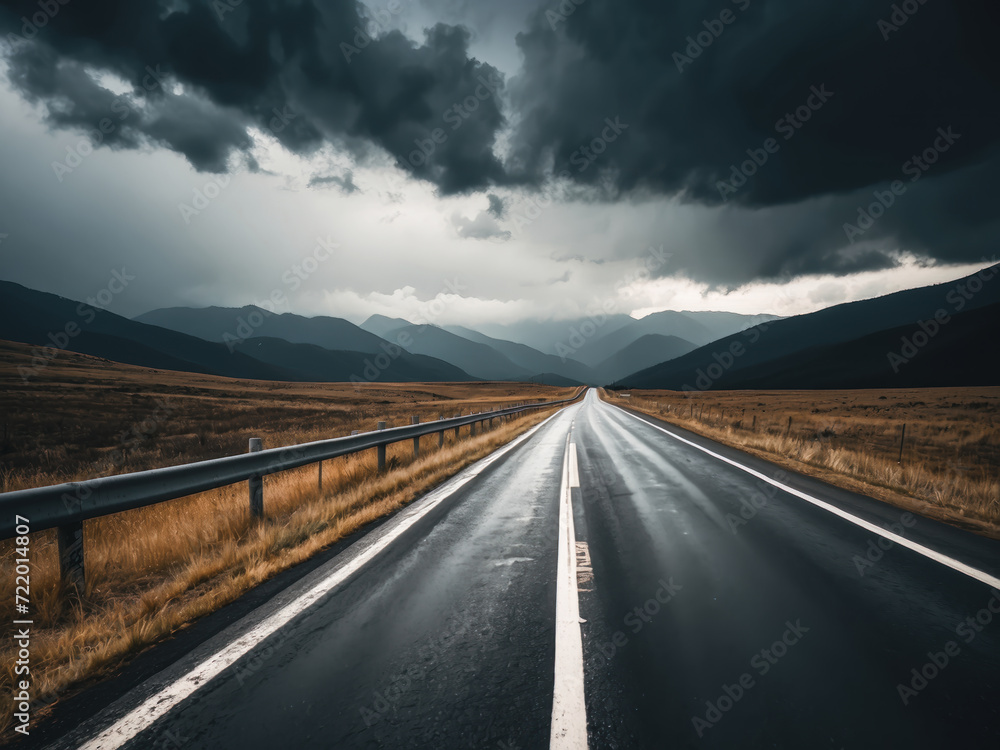 An empty wet mountain highway perspective under stormy sky, travel background, low angle vie