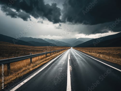 An empty wet mountain highway perspective under stormy sky, travel background, low angle vie