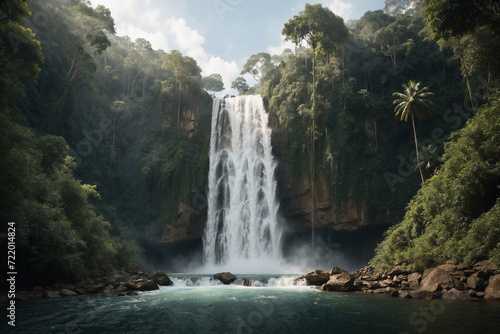A tall waterfall in the middle of a tropical forest seen from below the waterfall