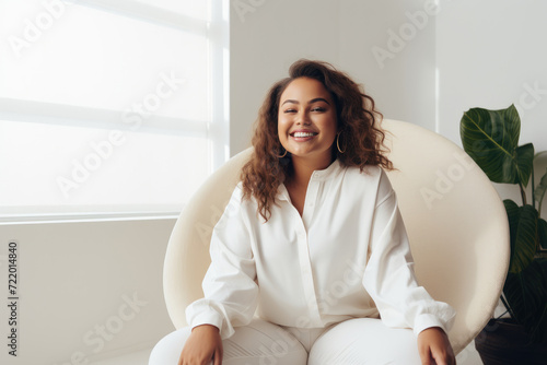 A woman confidently sits atop a white chair, capturing her composed posture and relaxed demeanor.
