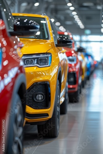 A row of new cars in a dealership with a yellow car in focus