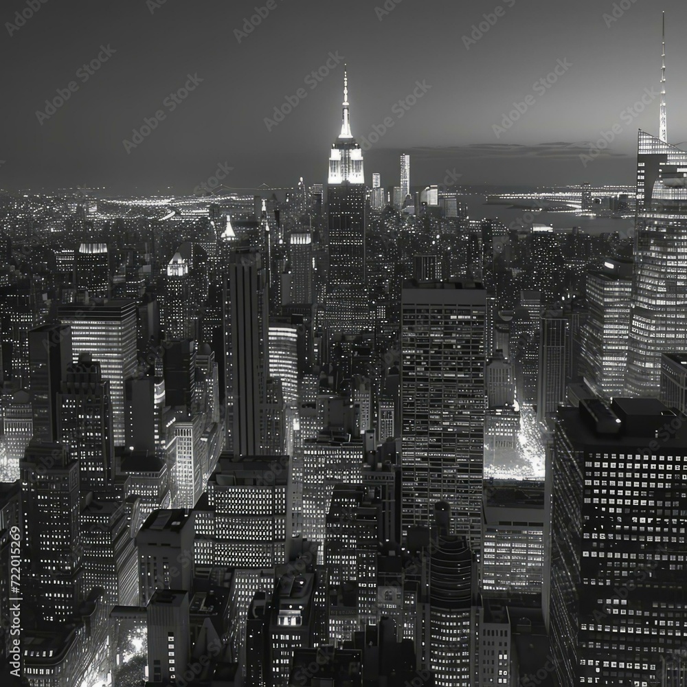 Black and white cityscape of New York City at night