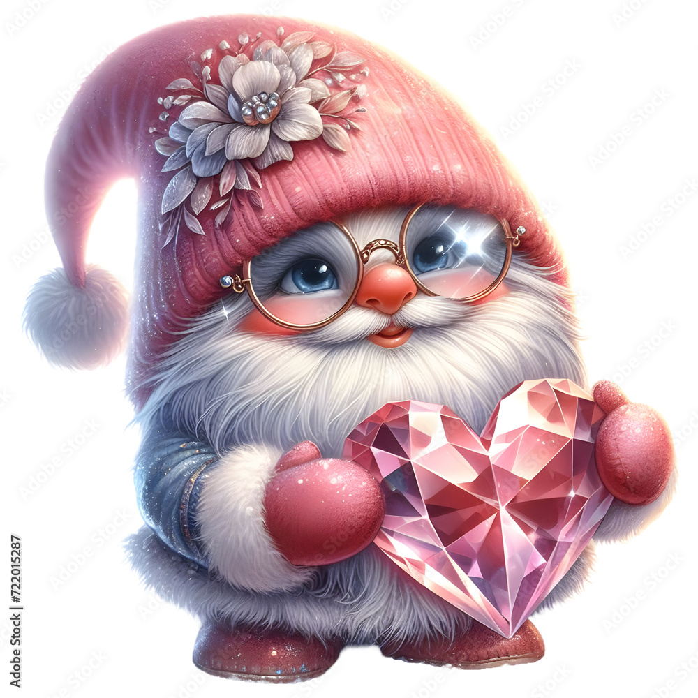 Obraz premium Cute Valentine gnomes with crystal heart graphic clipart for printable craft and digital design.