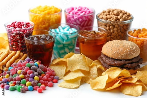 A variety of unhealthy food and drinks, including sugary drinks, candy, chips, and a burger. photo