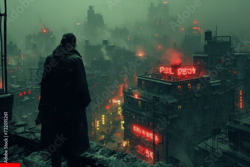 A cyberpunk city with a man standing on a rooftop looking out over the city.