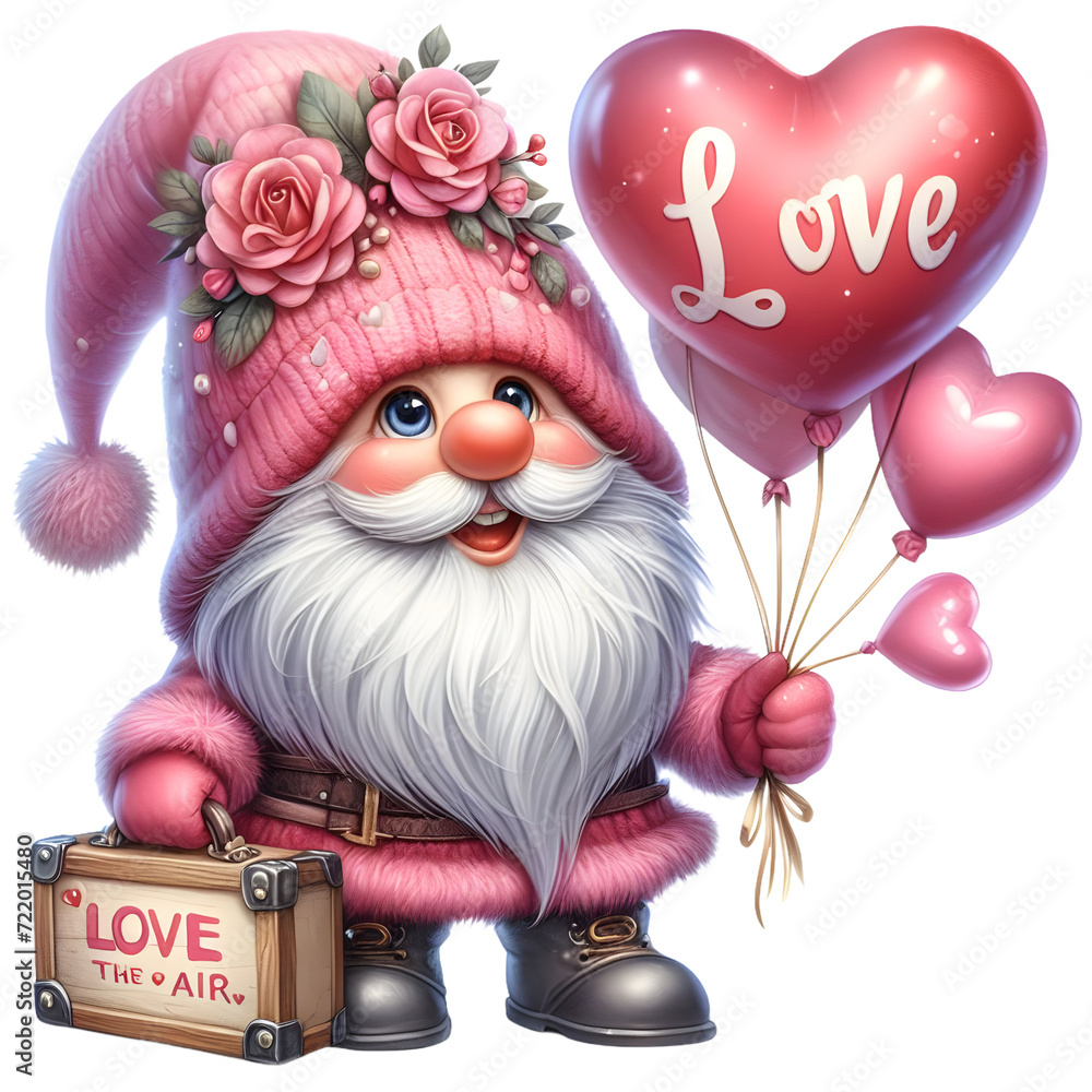 Obraz premium Valentine gnomes PNG with heart shape balloons graphic clipart