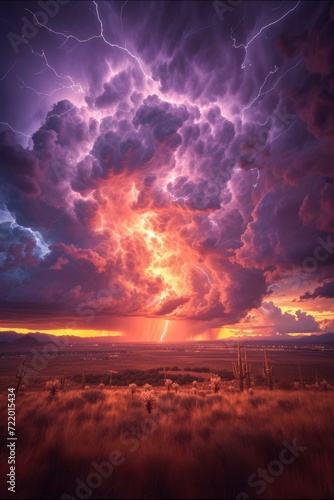 Huge purple orange storm clouds with lightning bolts over a desert landscape photo