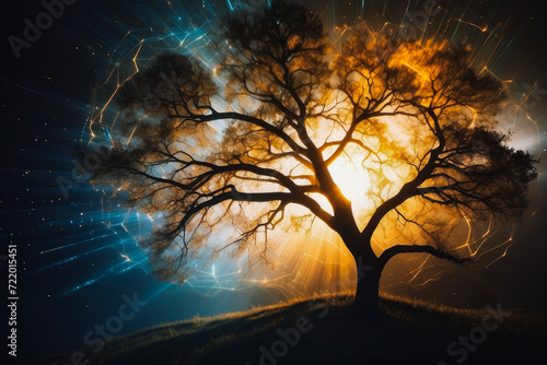 cosmic aura. Amazing sunlight shining through the beautiful leaves of the trees. A silhouette of translucent mathematical and geometric equations, symbols and lines, symbolizing the fusion